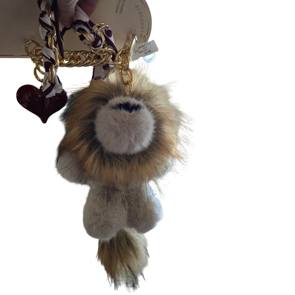 Eyecandy Lion Bag Charm Keychain Womens OS Brown New Plush Heart Faux Fur Scarf